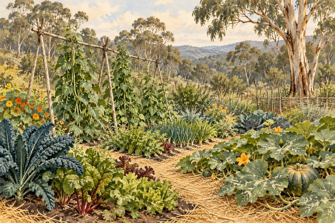 Leafy vegetable beds beside a quiet garden path