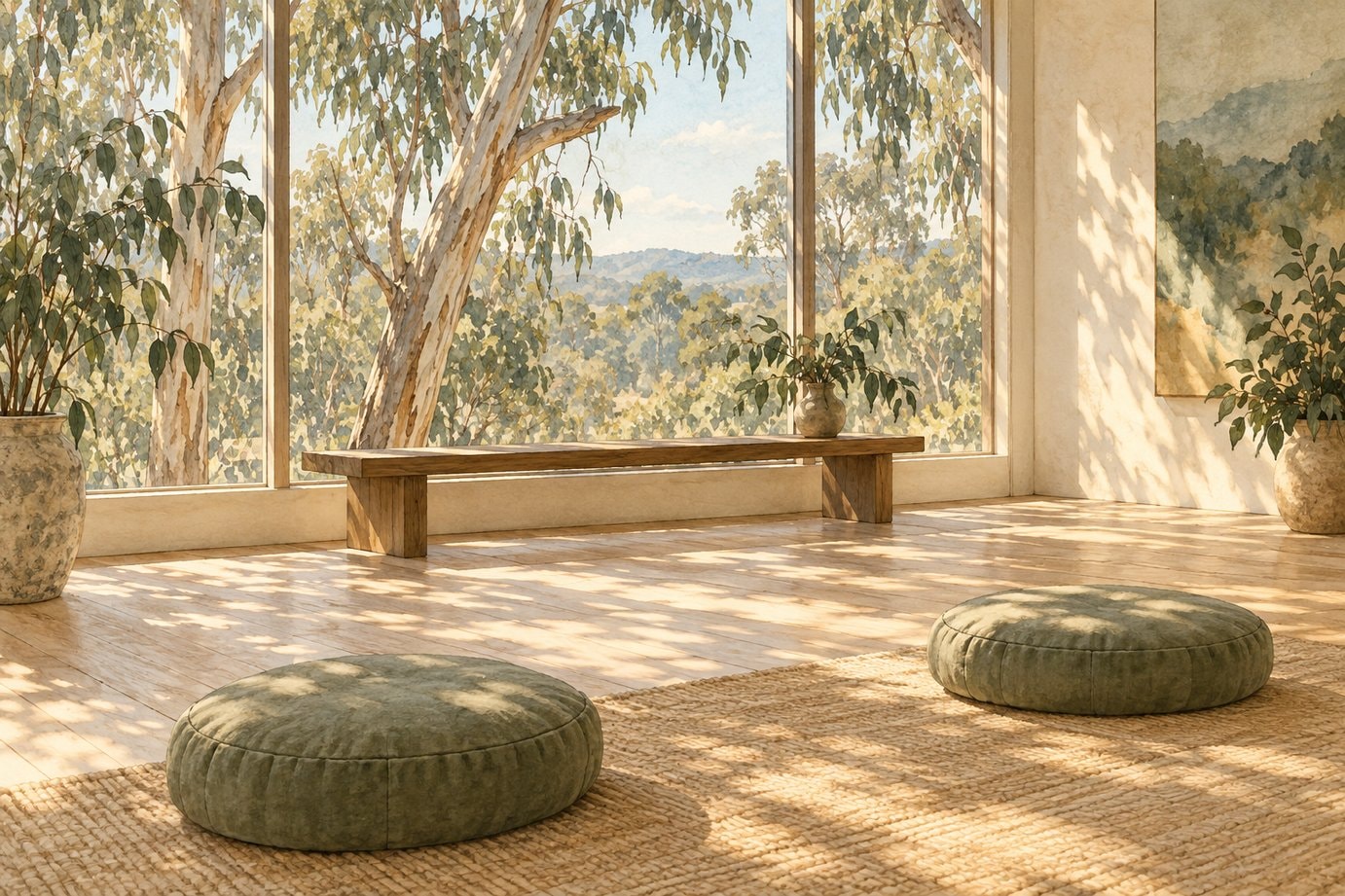 An unoccupied meditation room with timber and soft daylight