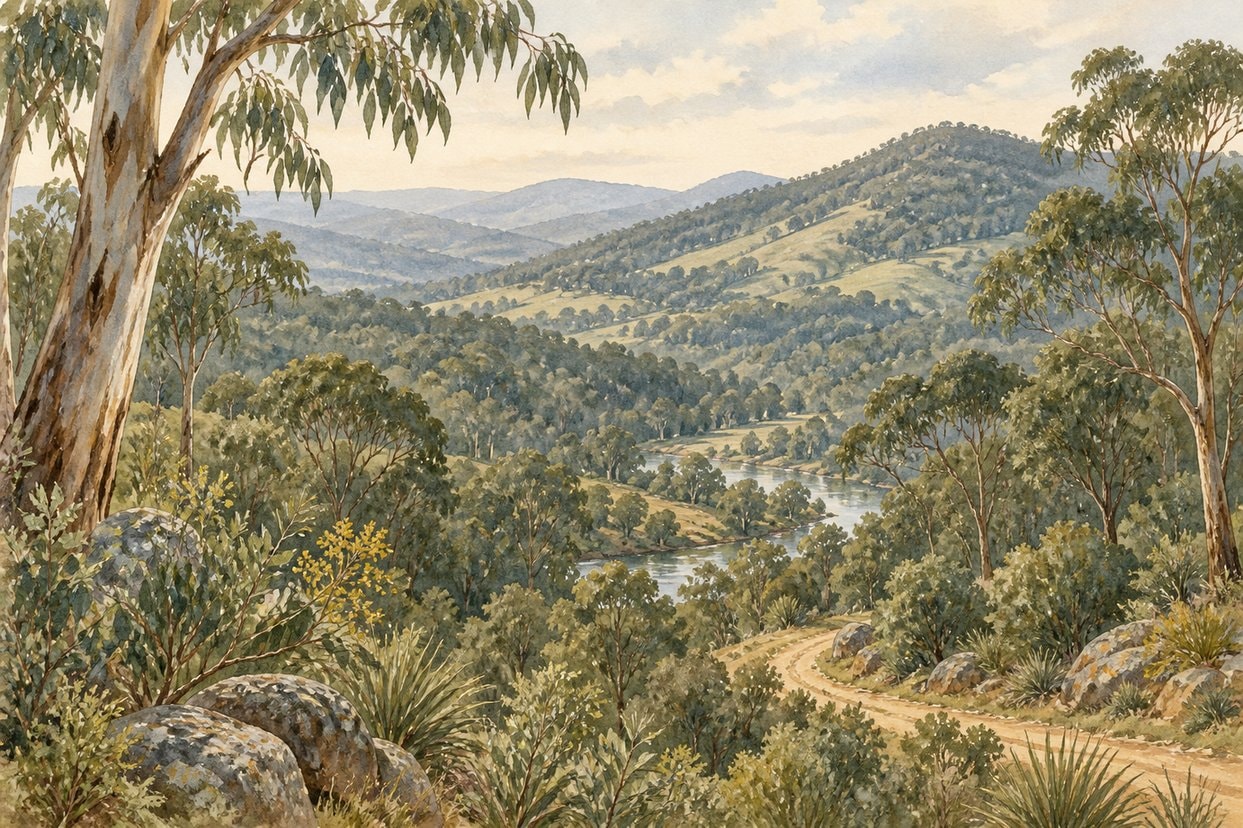 Eucalyptus bushland and distant hills in soft morning light
